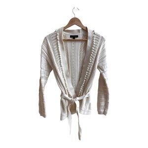 Banana Republic White Open Knit Pom Pom Fringe Womens Size S Belted Cardigan